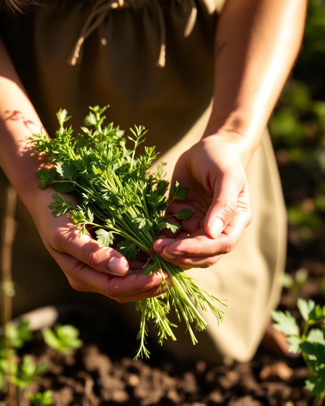 Hands harvesting fresh herbs in the farm garden