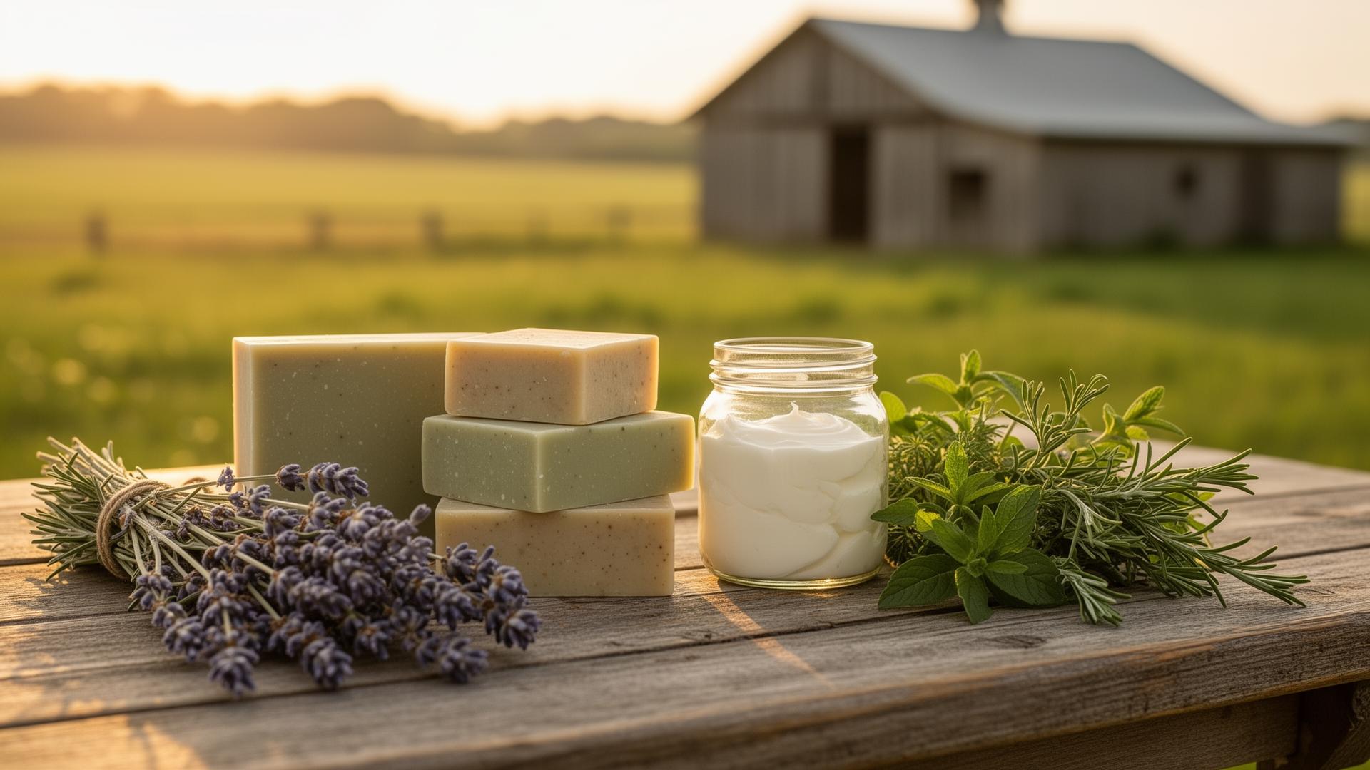 Stack of handmade goat milk soap with lavender on a farmhouse table